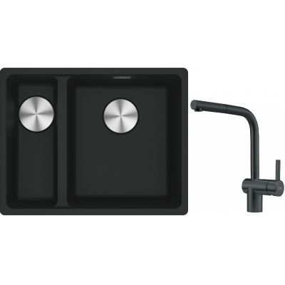 Franke Maris MRG 160-34-15SBL zlewozmywak 52x40 cm Fragranite czarny mat z baterią kuchenną Atlas czarna stal szlachetna (1250687268, 1150550427)
