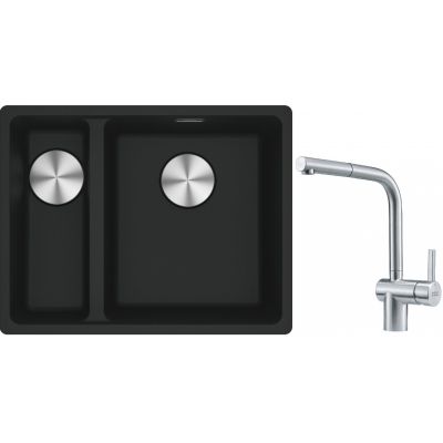Franke Maris MRG 160-34-15SBL zlewozmywak 52x40 cm Fragranite czarny mat z baterią kuchenną Atlas stal szlachetna (1250687268, 1150521439)