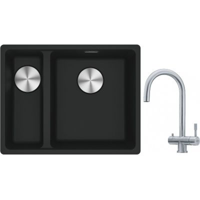 Franke Maris MRG 160-34-15SBL zlewozmywak 52x40 cm Fragranite czarny mat z baterią kuchenną Eos stal szlachetna (1250687268, 1200179979)