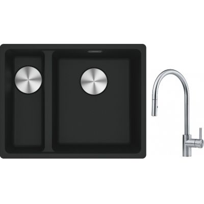 Franke Maris MRG 160-34-15SBL zlewozmywak 52x40 cm Fragranite czarny mat z baterią kuchenną Eos stal szlachetna (1250687268, 1150590045)