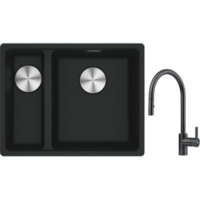 Franke Maris MRG 160-34-15SBL zlewozmywak 52x40 cm Fragranite czarny mat z baterią kuchenną Eos czarna stal szlachetna (1250687268, 1150613671)