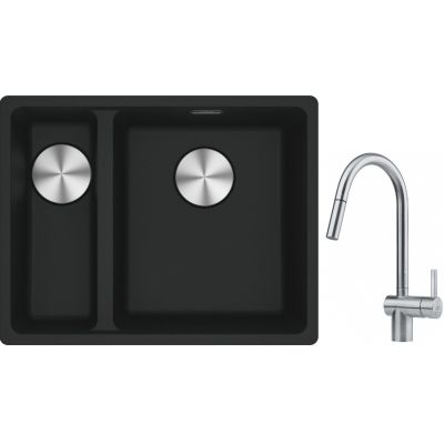 Franke Maris MRG 160-34-15SBL zlewozmywak 52x40 cm Fragranite czarny mat z baterią kuchenną Leda Neo stal szlachetna (1250687268, 1150590047)