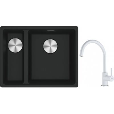 Franke Maris MRG 160-34-15SBL zlewozmywak 52x40 cm Fragranite czarny mat z baterią kuchenną Lina biały polarny (1250687268, 1150626024)