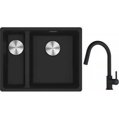 Franke Maris MRG 160-34-15SBL zlewozmywak 52x40 cm Fragranite czarny mat z baterią kuchenną Lina czarny mat (1250687268, 1150626053)