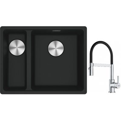 Franke Maris MRG 160-34-15SBL zlewozmywak 52x40 cm Fragranite czarny mat z baterią kuchenną Lina chrom/czarny (1250687268, 1150626085)