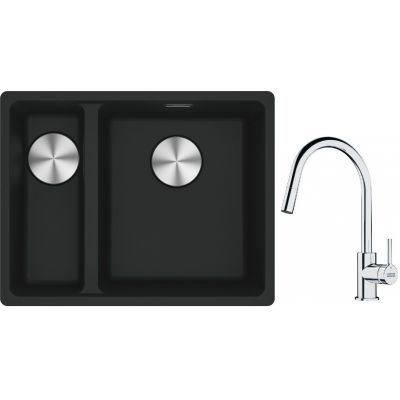 Franke Maris MRG 160-34-15SBL zlewozmywak 52x40 cm Fragranite czarny mat z baterią kuchenną Lina chrom (1250687268, 1150693229)