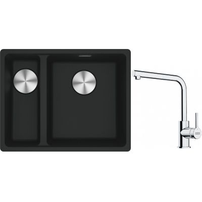 Franke Maris MRG 160-34-15SBL zlewozmywak 52x40 cm Fragranite czarny mat z baterią kuchenną Lina chrom (1250687268, 1150712420)