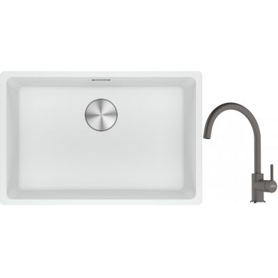 Franke Maris MRG 110-62 zlewozmywak 62x40 cm Fragranite biały polarny z baterią kuchenną Lina kamienny szary (1250687259, 1150626022)