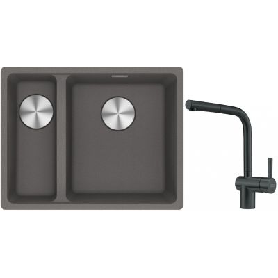 Franke Maris MRG 160-34-15SBL zlewozmywak 52x40 cm Fragranite kamienny szary z baterią kuchenną Atlas czarna stal szlachetna (1250687270, 1150550427)