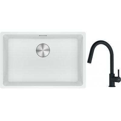 Franke Maris MRG 110-62 zlewozmywak 62x40 cm Fragranite biały polarny z baterią kuchenną Lina czarny mat (1250687259, 1150626053)
