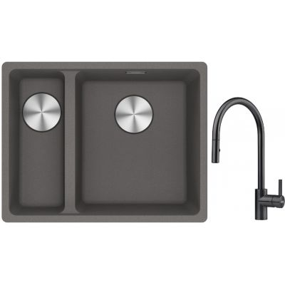Franke Maris MRG 160-34-15SBL zlewozmywak 52x40 cm Fragranite kamienny szary z baterią kuchenną Eos czarna stal szlachetna (1250687270, 1150613671)