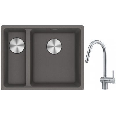 Franke Maris MRG 160-34-15SBL zlewozmywak 52x40 cm Fragranite kamienny szary z baterią kuchenną Leda Neo stal szlachetna (1250687270, 1150590047)