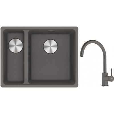 Franke Maris MRG 160-34-15SBL zlewozmywak 52x40 cm Fragranite kamienny szary z baterią kuchenną Lina kamienny szary (1250687270, 1150626022)