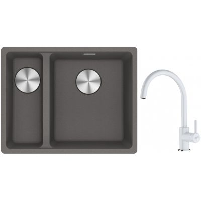Franke Maris MRG 160-34-15SBL zlewozmywak 52x40 cm Fragranite kamienny szary z baterią kuchenną Lina biały polarny (1250687270, 1150626024)