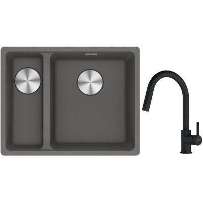 Franke Maris MRG 160-34-15SBL zlewozmywak 52x40 cm Fragranite kamienny szary z baterią kuchenną Lina czarny mat (1250687270, 1150626053)