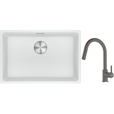 Franke Maris MRG 110-62 zlewozmywak 62x40 cm Fragranite biały polarny z baterią kuchenną Lina kamienny szary (1250687259, 1150626057)