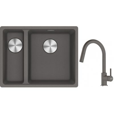 Franke Maris MRG 160-34-15SBL zlewozmywak 52x40 cm Fragranite kamienny szary z baterią kuchenną Lina kamienny szary (1250687270, 1150626057)