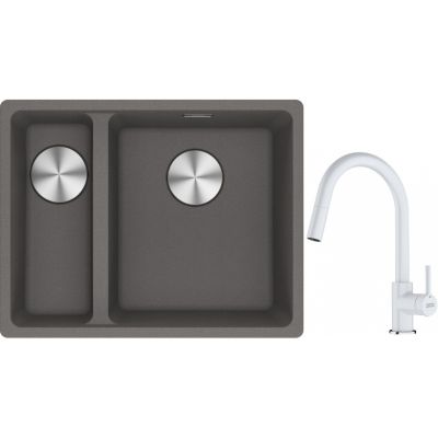 Franke Maris MRG 160-34-15SBL zlewozmywak 52x40 cm Fragranite kamienny szary z baterią kuchenną Lina biały polarny (1250687270, 1150626081)