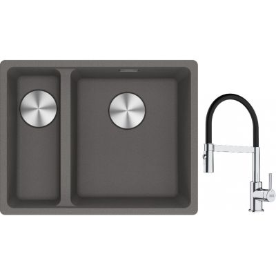 Franke Maris MRG 160-34-15SBL zlewozmywak 52x40 cm Fragranite kamienny szary z baterią kuchenną Lina chrom/czarny (1250687270, 1150626085)