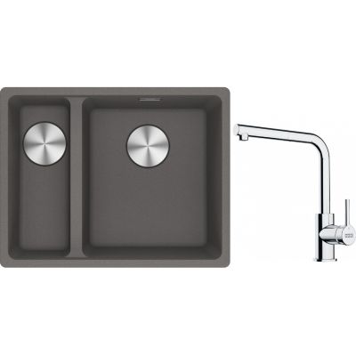 Franke Maris MRG 160-34-15SBL zlewozmywak 52x40 cm Fragranite kamienny szary z baterią kuchenną Lina chrom (1250687270, 1150712420)