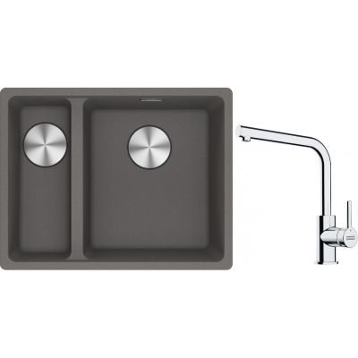 Franke Maris MRG 160-34-15SBL zlewozmywak 52x40 cm Fragranite kamienny szary z baterią kuchenną Lina chrom (1250687270, 1150693230)