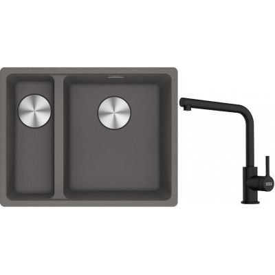 Franke Maris MRG 160-34-15SBL zlewozmywak 52x40 cm Fragranite kamienny szary z baterią kuchenną Lina czarny mat (1250687270, 1150712435)