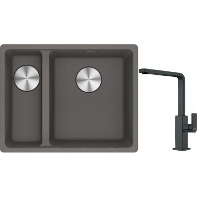 Franke Maris MRG 160-34-15SBL zlewozmywak 52x40 cm Fragranite kamienny szary z baterią kuchenną Mythos czarna stal szlachetna (1250687270, 1150550441)