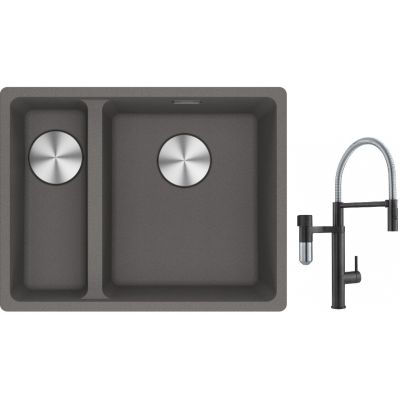 Franke Maris MRG 160-34-15SBL zlewozmywak 52x40 cm Fragranite kamienny szary z baterią kuchenną Vital Semi-Pro czarny mat/stal (1250687270, 1200621313)