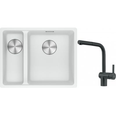 Franke Maris MRG 160-34-15SBL zlewozmywak 52x40 cm Fragranite biały polarny z baterią kuchenną Atlas czarna stal szlachetna (1250687271, 1150550427)