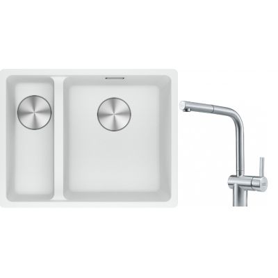 Franke Maris MRG 160-34-15SBL zlewozmywak 52x40 cm Fragranite biały polarny z baterią kuchenną Atlas stal szlachetna (1250687271, 1150521439)