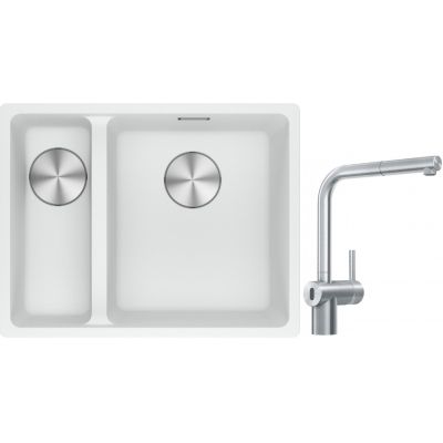 Franke Maris MRG 160-34-15SBL zlewozmywak 52x40 cm Fragranite biały polarny z baterią kuchenną Atlas Neo Sensor stal szlachetna (1250687271, 1150625523)