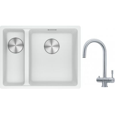 Franke Maris MRG 160-34-15SBL zlewozmywak 52x40 cm Fragranite biały polarny z baterią kuchenną Eos stal szlachetna (1250687271, 1200179979)