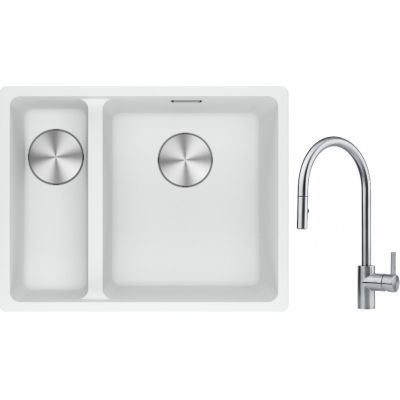 Franke Maris MRG 160-34-15SBL zlewozmywak 52x40 cm Fragranite biały polarny z baterią kuchenną Eos stal szlachetna (1250687271, 1150590045)