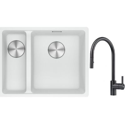 Franke Maris MRG 160-34-15SBL zlewozmywak 52x40 cm Fragranite biały polarny z baterią kuchenną Eos czarna stal szlachetna (1250687271, 1150613671)