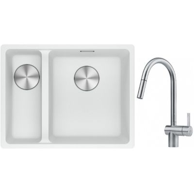 Franke Maris MRG 160-34-15SBL zlewozmywak 52x40 cm Fragranite biały polarny z baterią kuchenną Leda Neo stal szlachetna (1250687271, 1150590047)