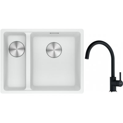Franke Maris MRG 160-34-15SBL zlewozmywak 52x40 cm Fragranite biały polarny z baterią kuchenną Lina onyx (1250687271, 1150626020)