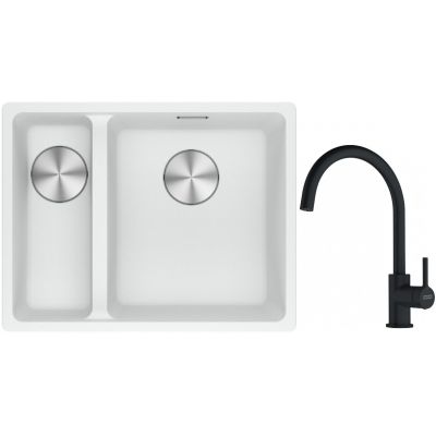 Franke Maris MRG 160-34-15SBL zlewozmywak 52x40 cm Fragranite biały polarny z baterią kuchenną Lina czarny mat (1250687271, 1150626019)