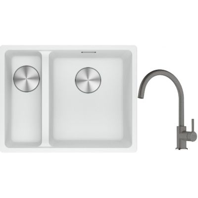 Franke Maris MRG 160-34-15SBL zlewozmywak 52x40 cm Fragranite biały polarny z baterią kuchenną Lina kamienny szary (1250687271, 1150626022)