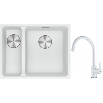 Franke Maris MRG 160-34-15SBL zlewozmywak 52x40 cm Fragranite biały polarny z baterią kuchenną Lina biały polarny (1250687271, 1150626024)