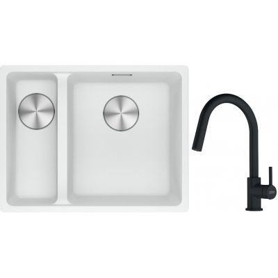 Franke Maris MRG 160-34-15SBL zlewozmywak 52x40 cm Fragranite biały polarny z baterią kuchenną Lina czarny mat (1250687271, 1150626053)