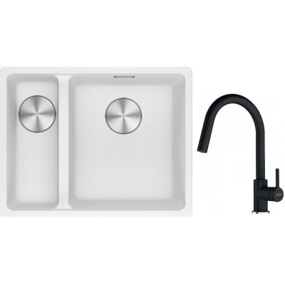 Franke Maris MRG 160-34-15SBL zlewozmywak 52x40 cm Fragranite biały polarny z baterią kuchenną Lina onyx (1250687271, 1150626055)