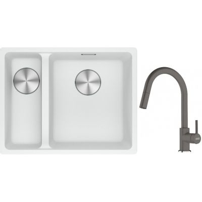 Franke Maris MRG 160-34-15SBL zlewozmywak 52x40 cm Fragranite biały polarny z baterią kuchenną Lina kamienny szary (1250687271, 1150626057)