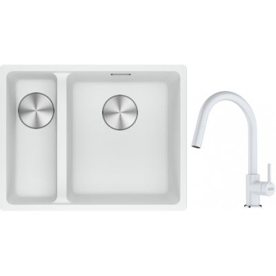 Franke Maris MRG 160-34-15SBL zlewozmywak 52x40 cm Fragranite biały polarny z baterią kuchenną Lina biały polarny (1250687271, 1150626081)