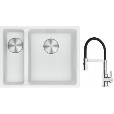 Franke Maris MRG 160-34-15SBL zlewozmywak 52x40 cm Fragranite biały polarny z baterią kuchenną Lina chrom/czarny (1250687271, 1150626085)