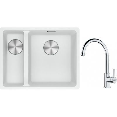 Franke Maris MRG 160-34-15SBL zlewozmywak 52x40 cm Fragranite biały polarny z baterią kuchenną Lina chrom (1250687271, 1150693228)