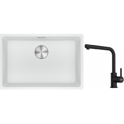 Franke Maris MRG 110-62 zlewozmywak 62x40 cm Fragranite biały polarny z baterią kuchenną Lina czarny mat (1250687259, 1150712435)