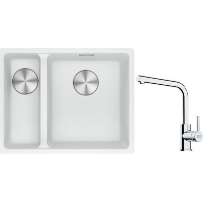 Franke Maris MRG 160-34-15SBL zlewozmywak 52x40 cm Fragranite biały polarny z baterią kuchenną Lina chrom (1250687271, 1150693230)