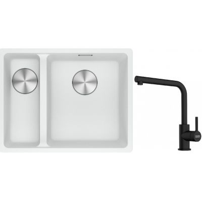 Franke Maris MRG 160-34-15SBL zlewozmywak 52x40 cm Fragranite biały polarny z baterią kuchenną Lina czarny mat (1250687271, 1150712435)