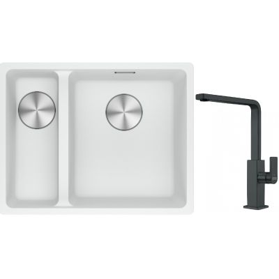 Franke Maris MRG 160-34-15SBL zlewozmywak 52x40 cm Fragranite biały polarny z baterią kuchenną Mythos czarna stal szlachetna (1250687271, 1150550441)