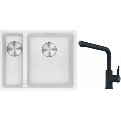 Franke Maris MRG 160-34-15SBL zlewozmywak 52x40 cm Fragranite biały polarny z baterią kuchenną Urban czarny mat (1250687271, 1150627523)